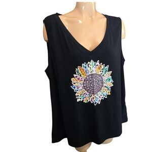 Black Womens Tank Top XL Sunflower Animal Print Graphic V-Neck Sleeveless Shirt